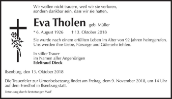 Traueranzeige von Eva Tholen (geb. Müller)  von Magdeburger Volksstimme