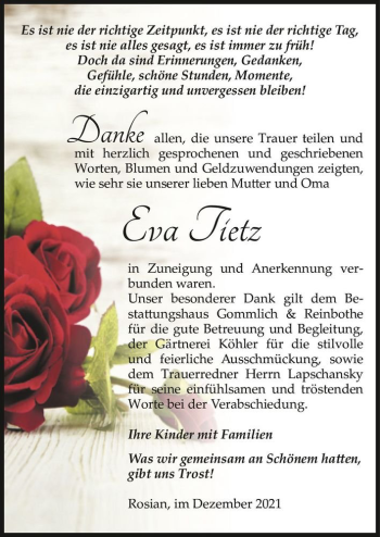 Traueranzeige von Eva Tietz  von Magdeburger Volksstimme
