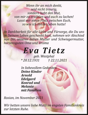 Traueranzeige von Eva Tietz (geb. Westphal)  von Magdeburger Volksstimme
