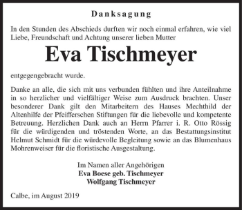 Traueranzeige von Eva Tischmeyer  von Magdeburger Volksstimme