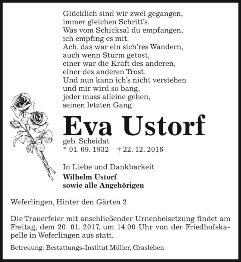  Traueranzeige für Eva Ustorf (geb. Scheidat)  vom 09.01.2017 aus Magdeburger Volksstimme
