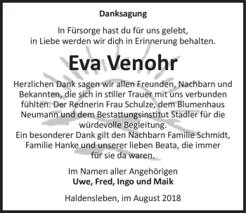 Traueranzeige von Eva Venohr  von Magdeburger Volksstimme
