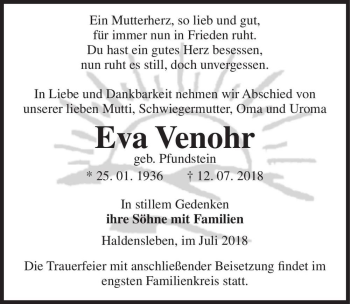 Traueranzeige von Eva Venohr (geb. Pfundstein)  von Magdeburger Volksstimme