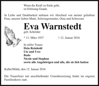 Traueranzeige von Eva Warnstedt (geb. Schröder)  von Magdeburger Volksstimme