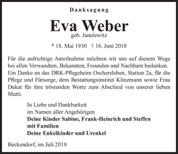 Traueranzeige von Eva Weber (geb. Janulewitz)  von Magdeburger Volksstimme
