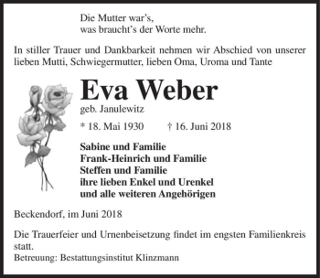 Traueranzeige von Eva Weber (geb. Janulewitz)  von Magdeburger Volksstimme