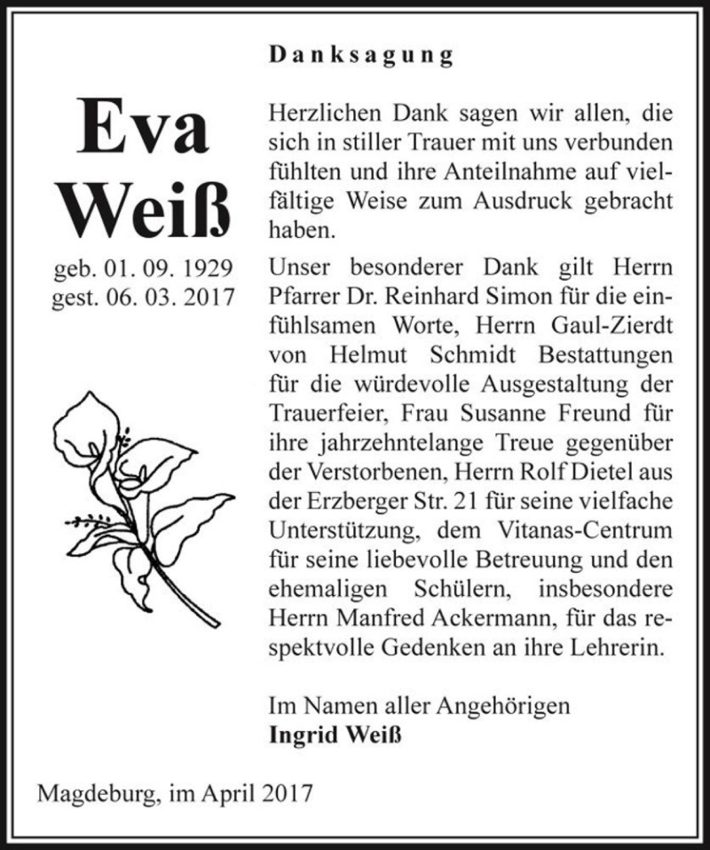  Traueranzeige für Eva Weiß  vom 15.04.2017 aus Magdeburger Volksstimme