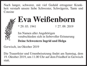 Traueranzeige von Eva Weißenborn  von Magdeburger Volksstimme