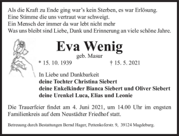 Traueranzeige von Eva Wenig (geb. Masur)  von Magdeburger Volksstimme