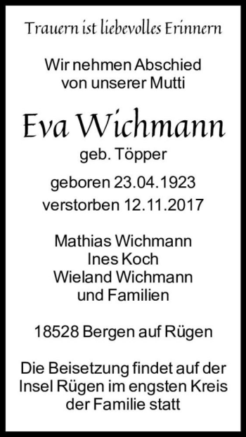 Traueranzeige von Eva Wichmann (geb. Töpper)  von Magdeburger Volksstimme