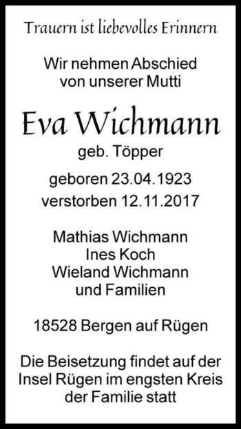 Traueranzeige von Eva Wichmann (geb. Töpper)  von Magdeburger Volksstimme
