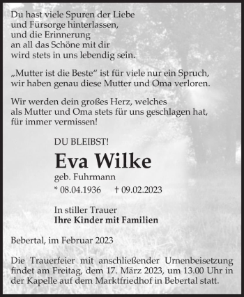 Traueranzeige von Eva Wilke (geb. Fuhrmann)  von Magdeburger Volksstimme