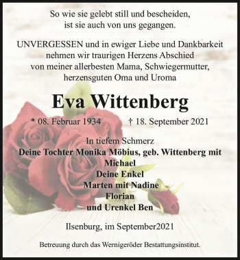 Traueranzeige von Eva Wittenberg  von Magdeburger Volksstimme