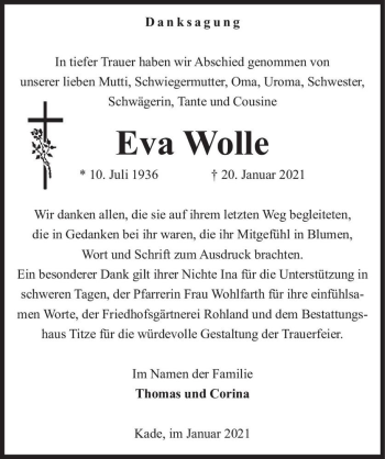 Traueranzeige von Eva Wolle  von Magdeburger Volksstimme
