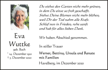 Traueranzeige von Eva Wuttke (geb. Bach)  von Magdeburger Volksstimme