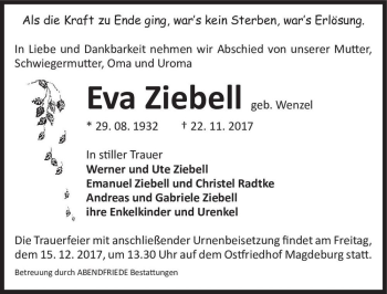 Traueranzeige von Eva Ziebell (geb. Wenzel)  von Magdeburger Volksstimme