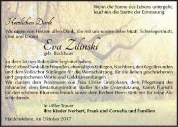 Traueranzeige von Eva Zilinski (geb. Backhaus)  von Magdeburger Volksstimme