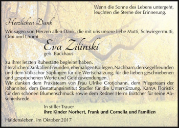 Traueranzeige von Eva Zilinski (geb. Backhaus)  von Magdeburger Volksstimme
