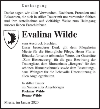 Traueranzeige von Evalina Wilde  von Magdeburger Volksstimme