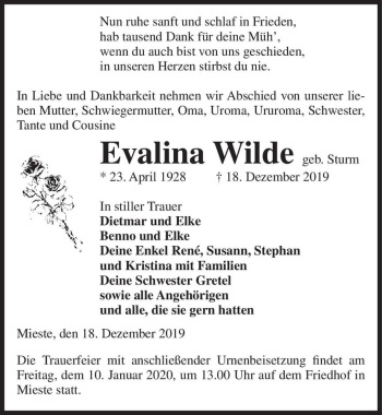 Traueranzeige von Evalina Wilde (geb. Sturm)  von Magdeburger Volksstimme