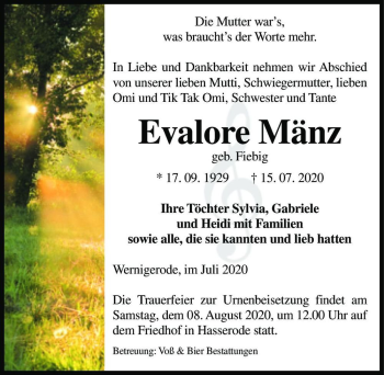 Traueranzeige von Evalore Mänz (geb. Fiebig)  von Magdeburger Volksstimme