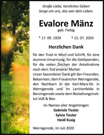 Traueranzeige von Evalore Mänz (geb. Fiebig)  von Magdeburger Volksstimme