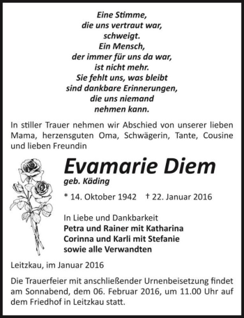 Traueranzeige von Evamarie Diem (geb. Käding)  von Magdeburger Volksstimme