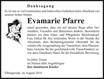 Traueranzeige von Evamarie Pfarre  von Magdeburger Volksstimme