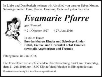Traueranzeige von Evamarie Pfarre (geb. Wermuth)  von Magdeburger Volksstimme