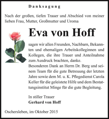 Traueranzeige von Eva von Hoff  von Magdeburger Volksstimme