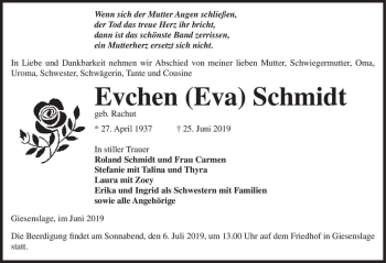 Traueranzeige von Evchen (Eva) Schmidt (geb. Rachut)  von Magdeburger Volksstimme