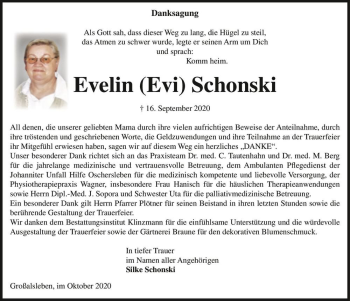 Traueranzeige von Evelin (Evi) Schonski  von Magdeburger Volksstimme