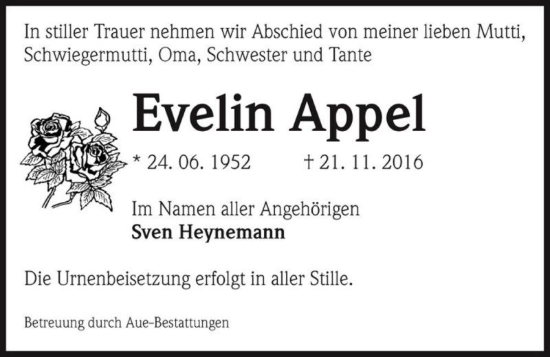  Traueranzeige für Evelin Appel  vom 26.11.2016 aus Magdeburger Volksstimme