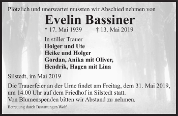 Traueranzeige von Evelin Bassiner  von Magdeburger Volksstimme