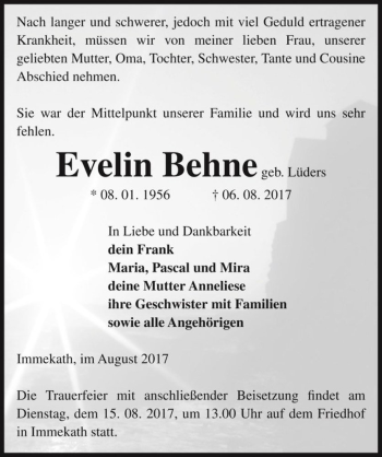 Traueranzeige von Evelin Behne (geb. Lüders)  von Magdeburger Volksstimme