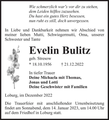 Traueranzeige von Evelin Bulitz (geb. Stresow)  von Magdeburger Volksstimme