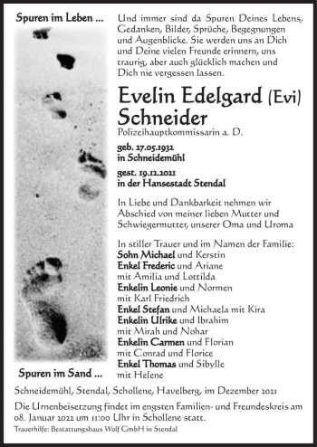 Traueranzeige von Evelin Edelgard (Evi) Schneider  von Magdeburger Volksstimme