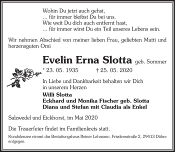 Traueranzeige von Evelin Erna Slotta (geb. Sommer)  von Magdeburger Volksstimme