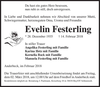 Traueranzeige von Evelin Festerling  von Magdeburger Volksstimme
