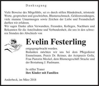 Traueranzeige von Evelin Festerling  von Magdeburger Volksstimme