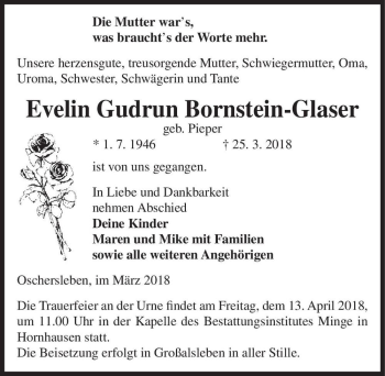 Traueranzeige von Evelin Gudrun Bornstein-Glaser (geb. Pieper)  von Magdeburger Volksstimme