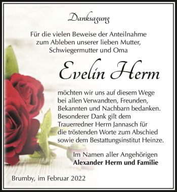 Traueranzeige von Evelin Herm  von Magdeburger Volksstimme
