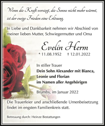 Traueranzeige von Evelin Herm  von Magdeburger Volksstimme
