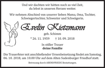 Traueranzeige von Evelin Kietzmann (geb. Schimm)  von Magdeburger Volksstimme