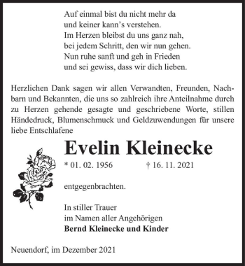 Traueranzeige von Evelin Kleinecke  von Magdeburger Volksstimme
