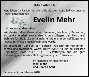 Traueranzeige von Evelin Mehr  von Magdeburger Volksstimme
