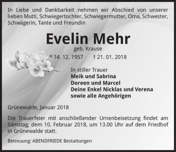 Traueranzeige von Evelin Mehr (geb. Krause)  von Magdeburger Volksstimme