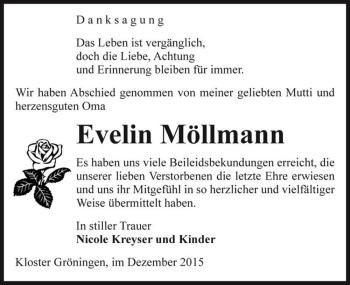 Traueranzeige von Evelin Möllmann  von Magdeburger Volksstimme