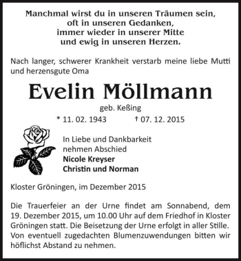Traueranzeige von Evelin Möllmann (geb. Keßing)  von Magdeburger Volksstimme