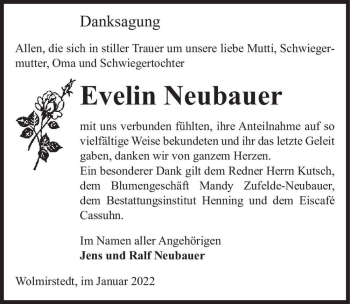 Traueranzeige von Evelin Neubauer  von Magdeburger Volksstimme